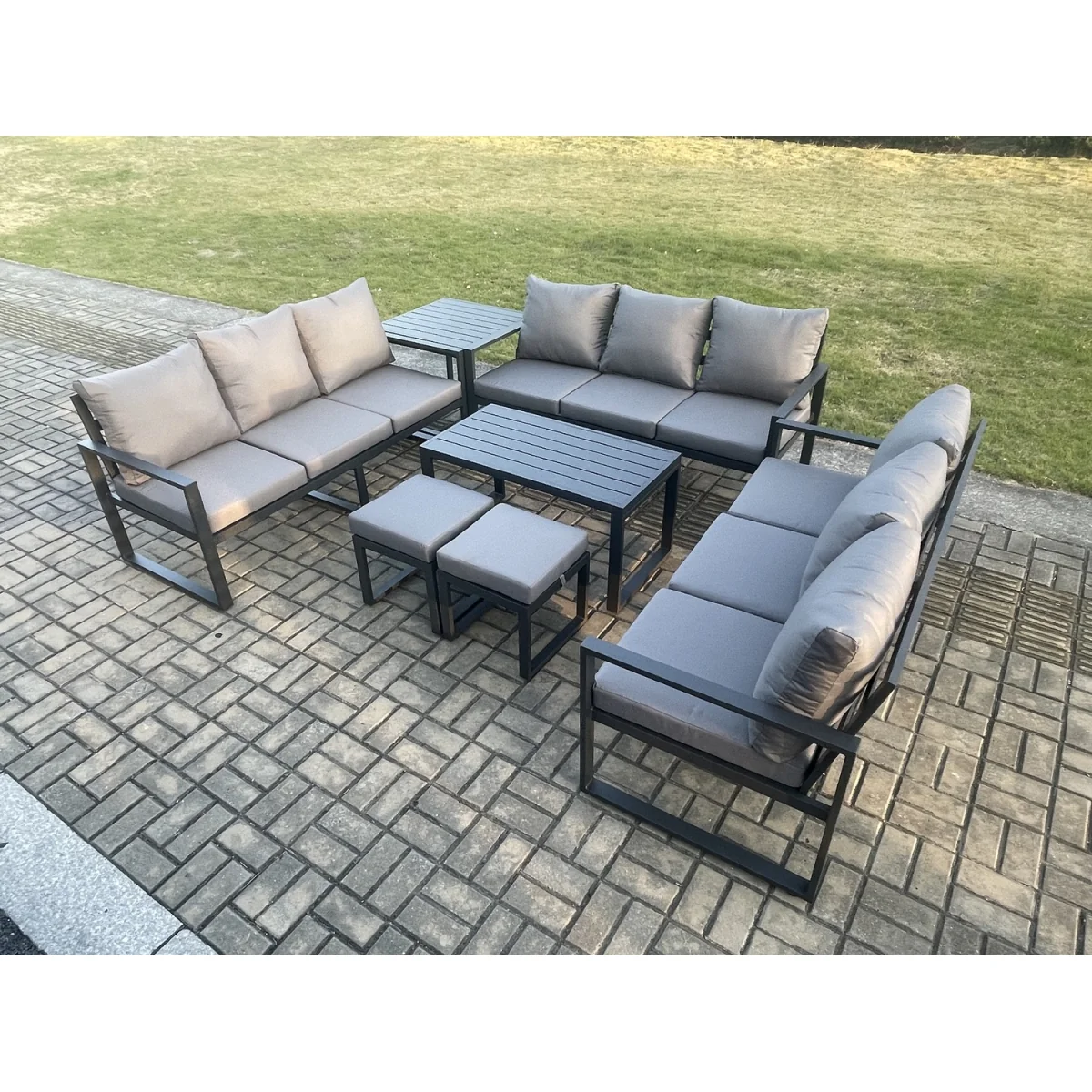 Fimous Aluminium 11-Seater Outdoor Garden Furniture Set, Adjustable Table, Cushions and Footstools. - Dark Grey – image 5