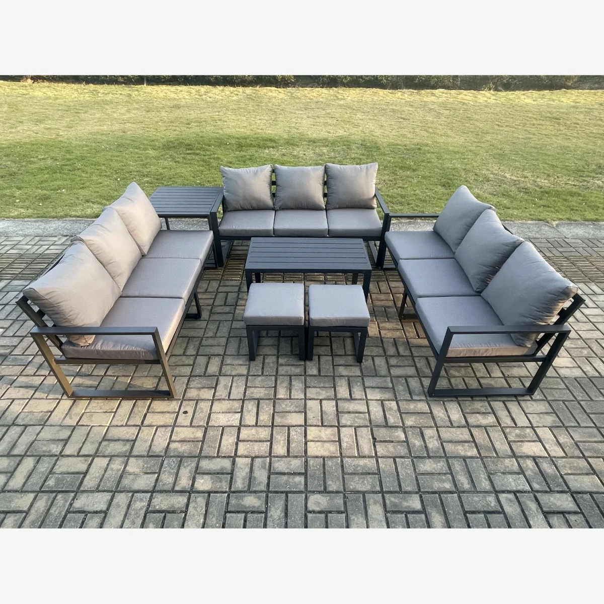 Fimous Aluminium 11-Seater Outdoor Garden Furniture Set, Adjustable Table, Cushions and Footstools. - Dark Grey – image 1