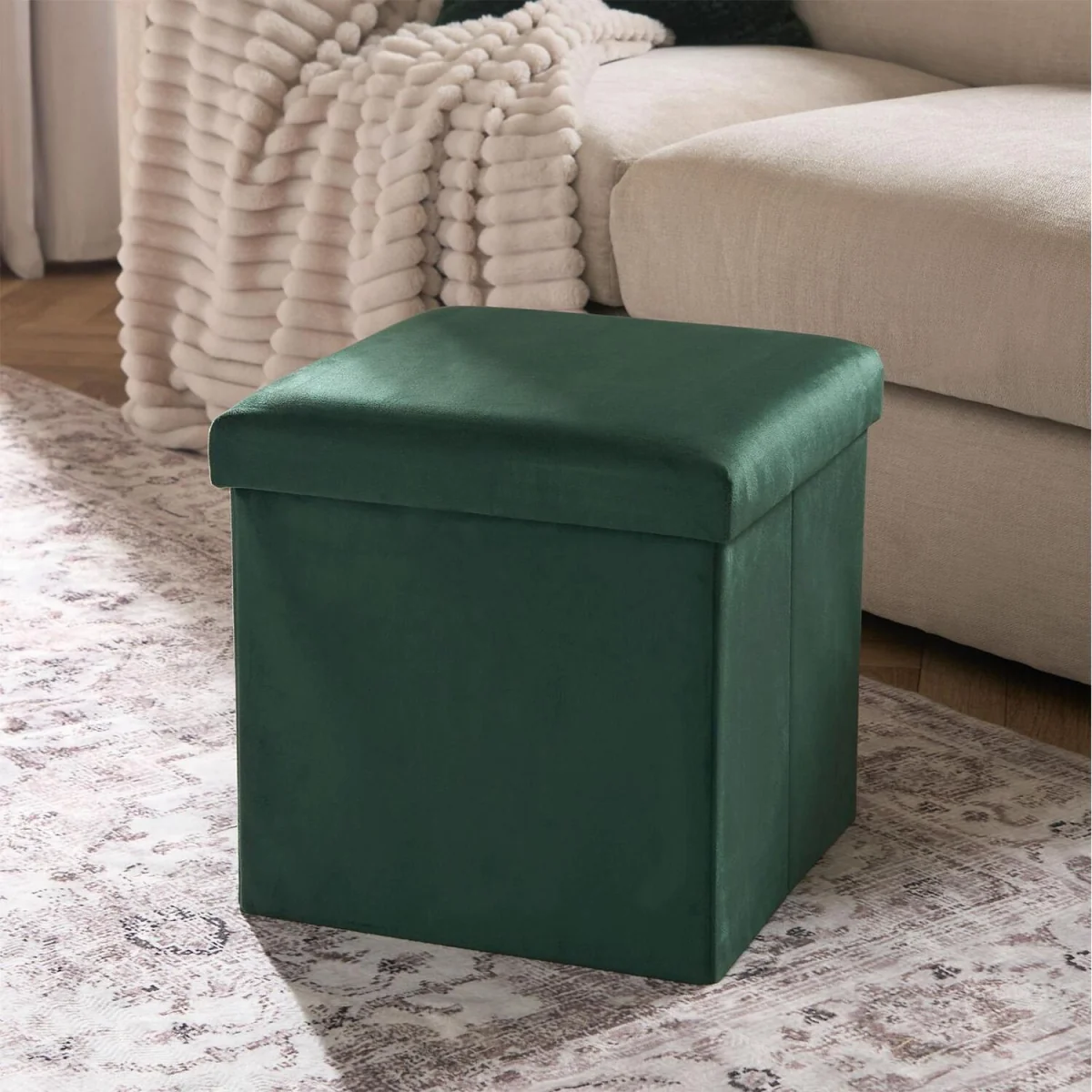OHS Matte Velvet Foldable Storage Ottoman - Forest Green / 40cm – image 2