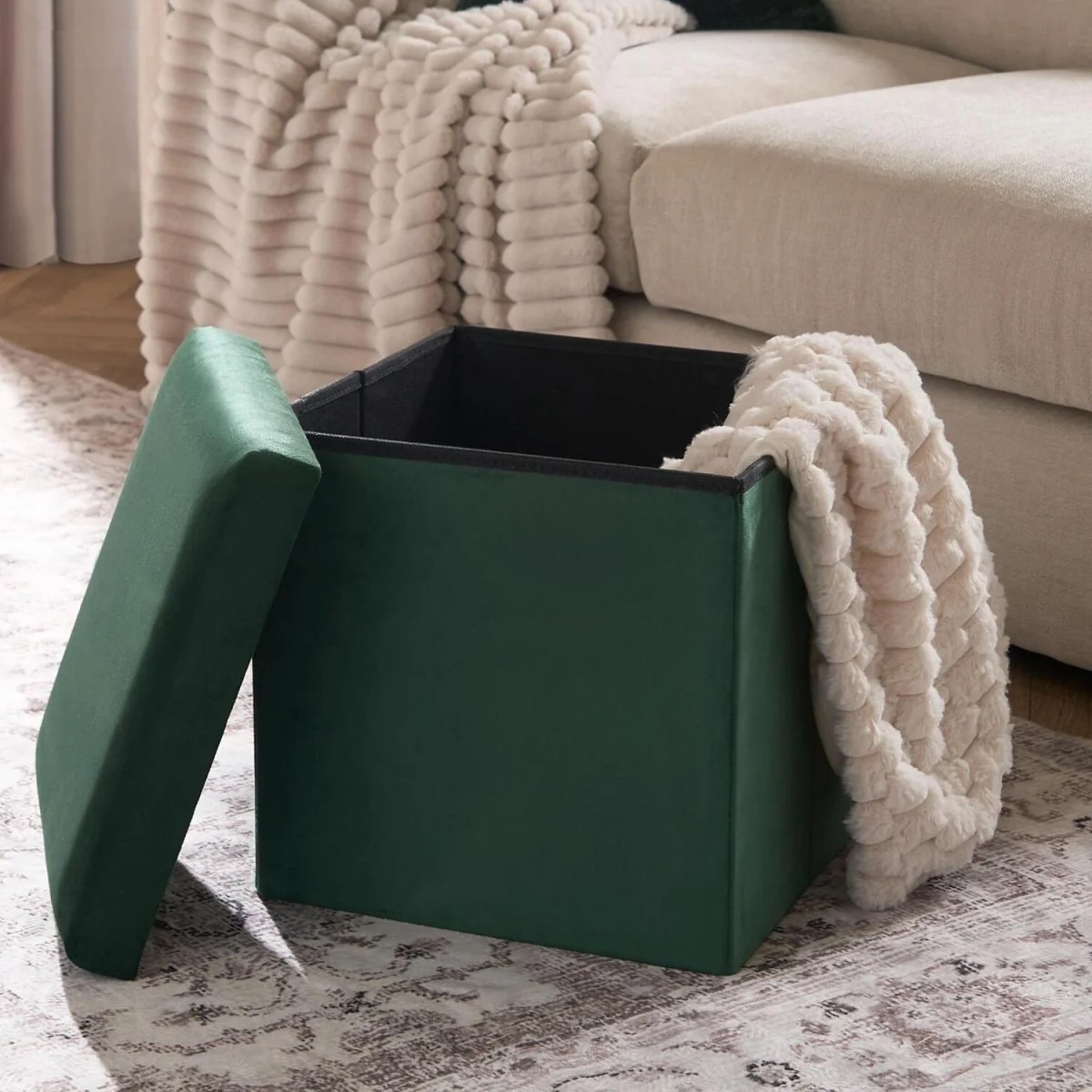 OHS Matte Velvet Foldable Storage Ottoman - Forest Green / 40cm – image 3