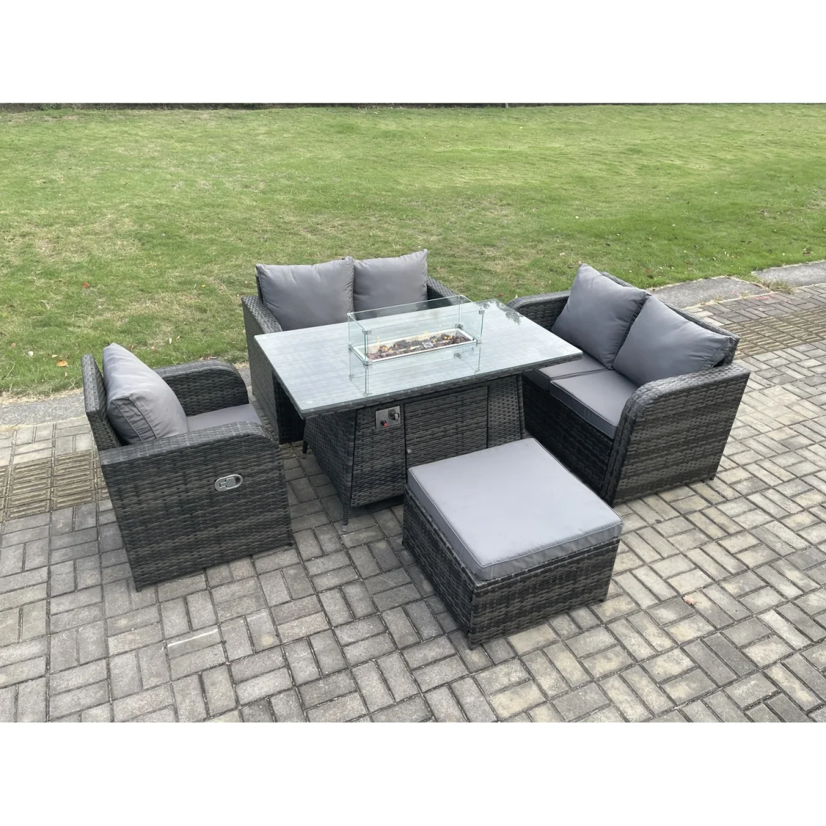Fimous Rattan Garden Furniture Set with Gas Fire Pit Dining Table, Reclining Chair and Footstool. - Dark Grey – image 2
