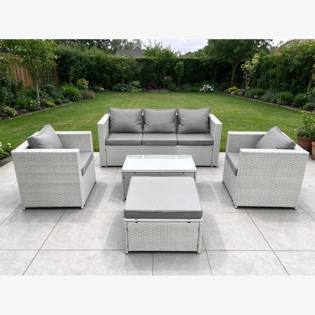 6-Seater Rattan Garden Furniture Set – 3-Seater Sofa 2 Armchairs Footstool & Rectangular Table