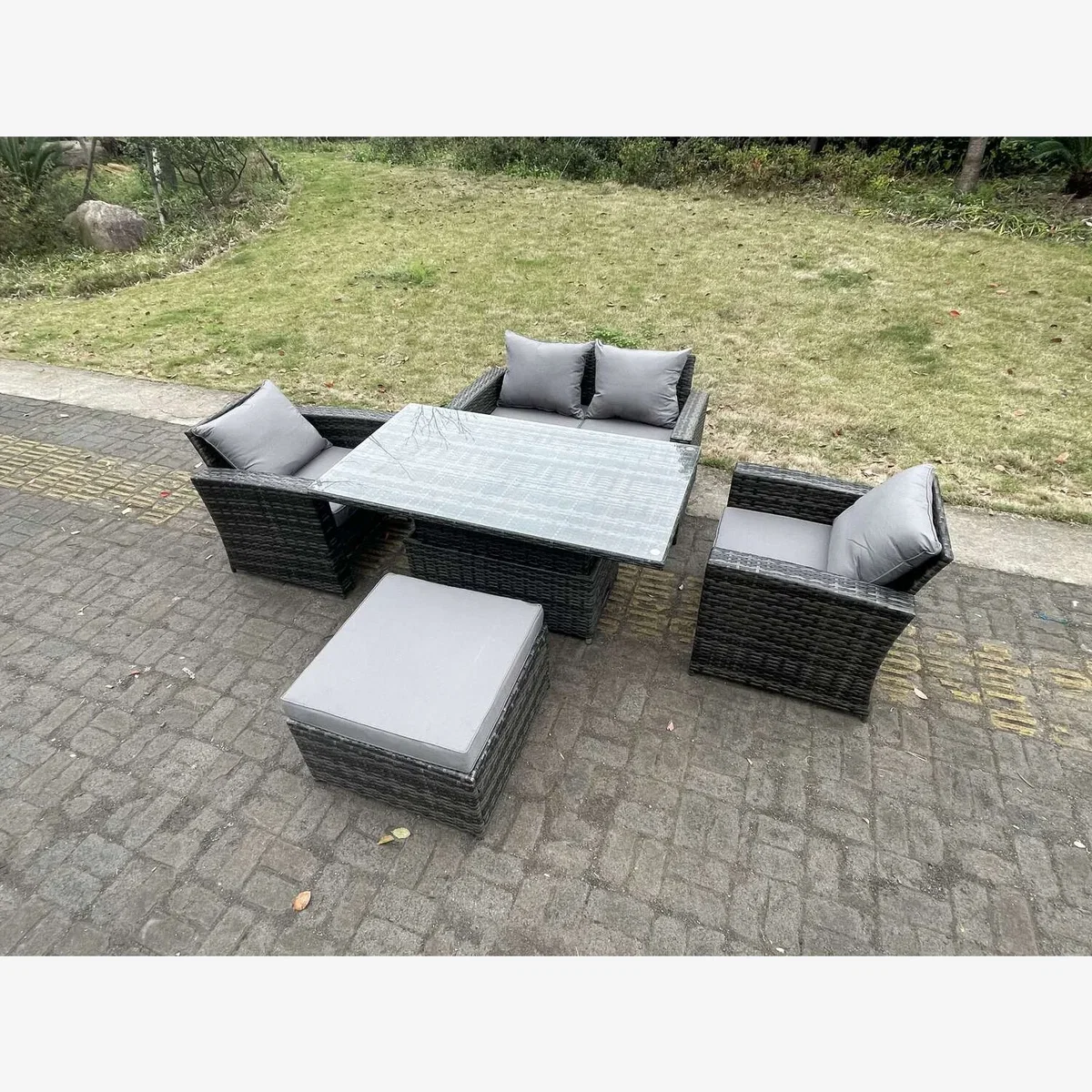 Fimous 5-Seater Rattan Set with Footstools - Dark Grey Mixed