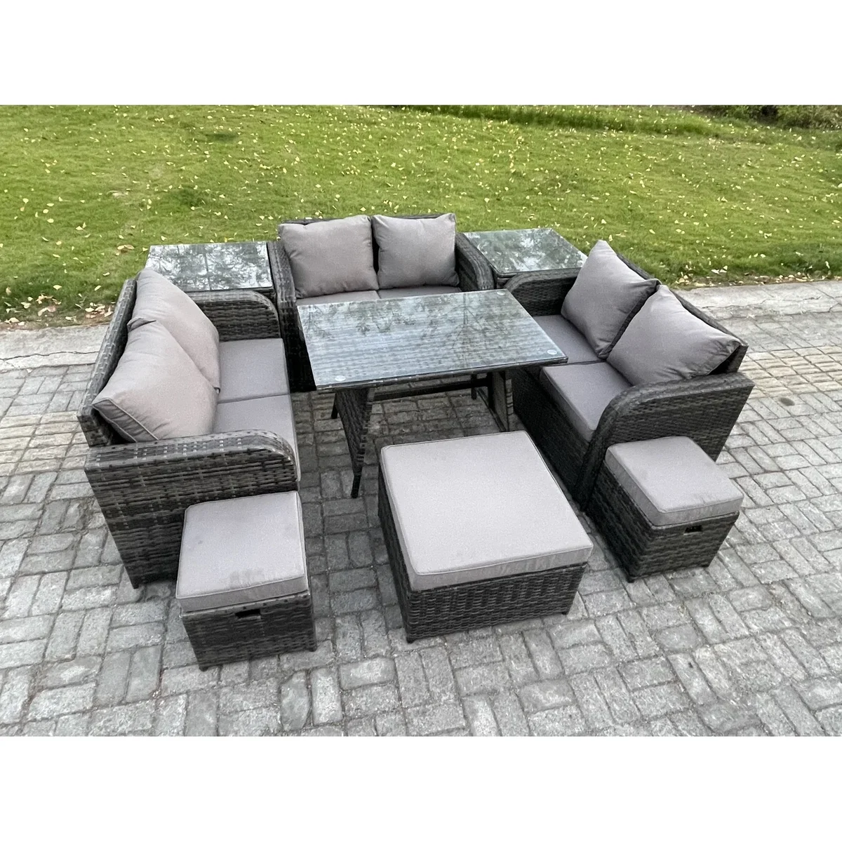 Fimous 9-Seater Outdoor Rattan Furniture Set with Table and Footstools, Dark Grey Mixed. - Dark Grey Mixed – image 4