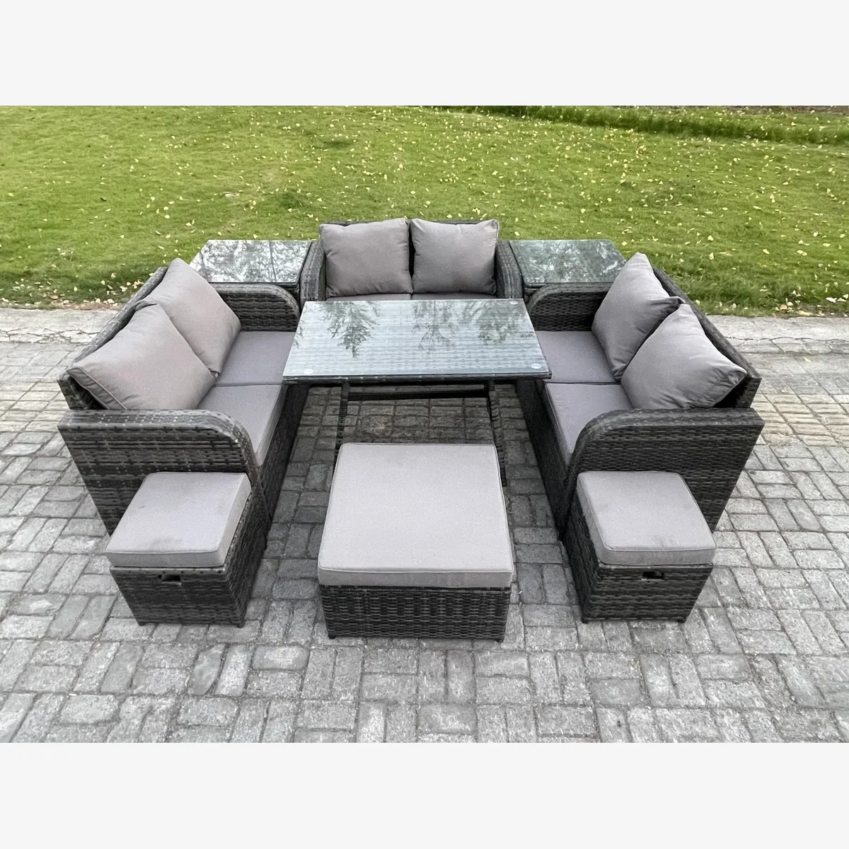 Fimous 9-Seater Outdoor Rattan Furniture Set with Table and Footstools, Dark Grey Mixed. - Dark Grey Mixed – image 1