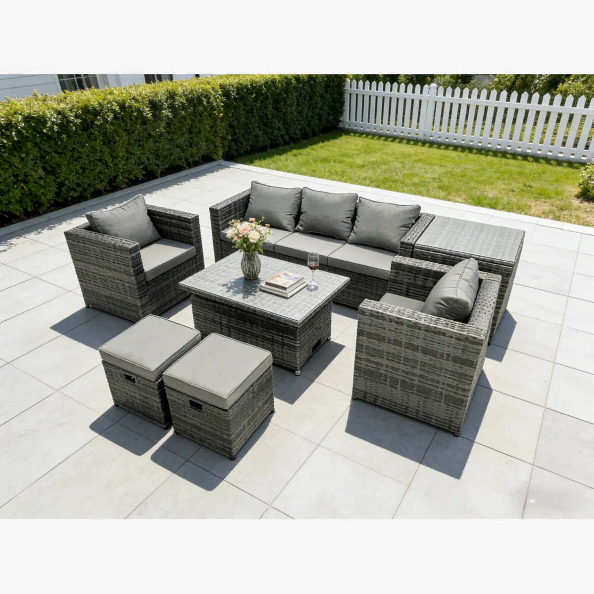 Rattan Set Rising Table Lounge Footstools Side Table – image 1