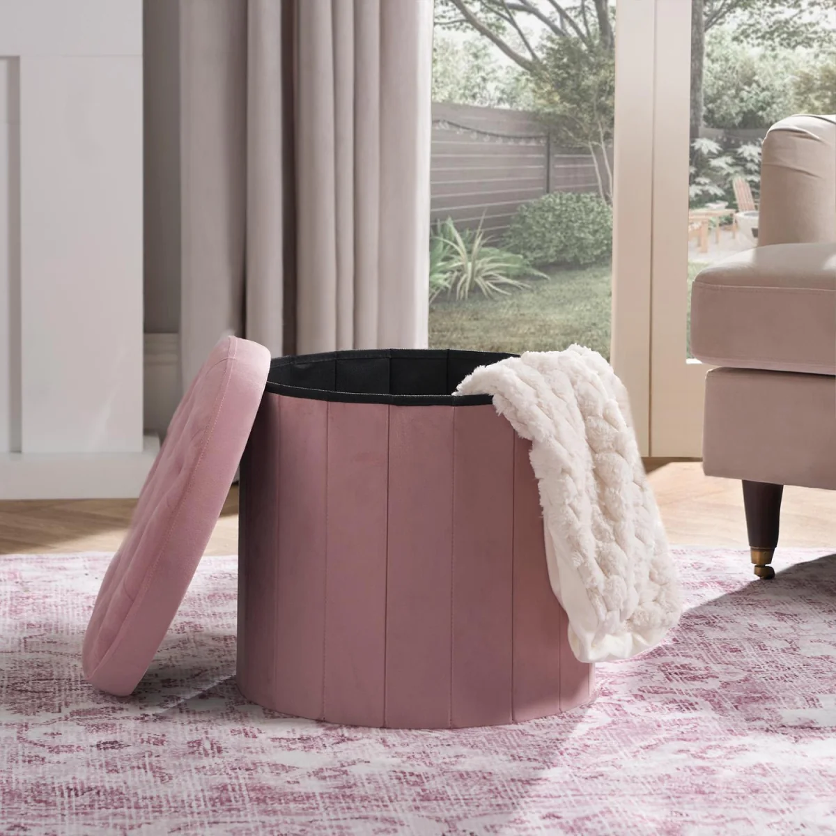 OHS Matte Velvet Foldable Storage Ottoman - Blush / 42cm – image 3