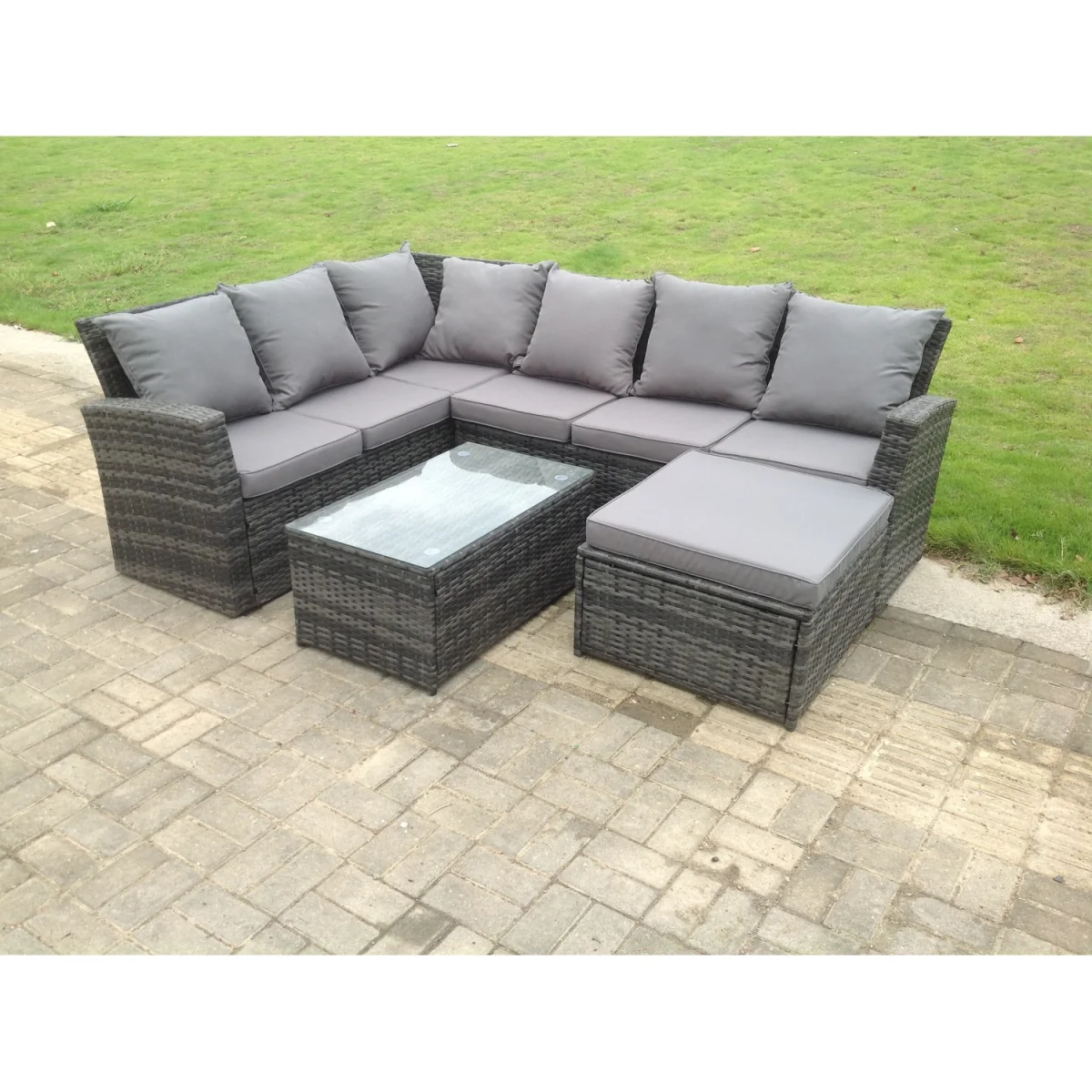 7 Seater Rattan Garden Furniture Set Coffee Table Footstool - Dark Grey Mixed – image 3