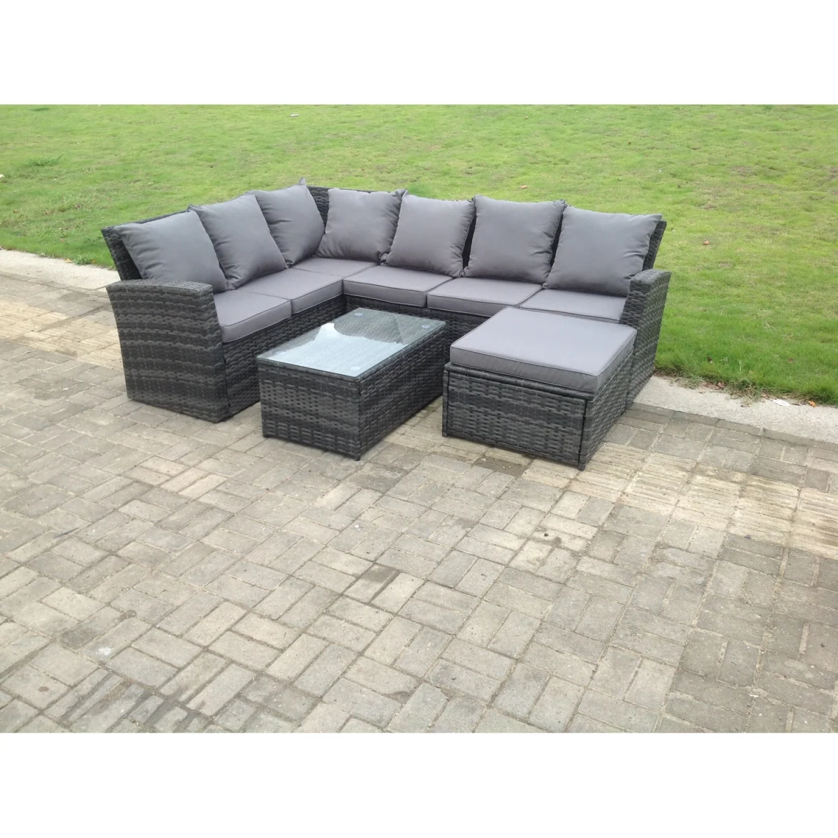 7 Seater Rattan Garden Furniture Set Coffee Table Footstool - Dark Grey Mixed – image 4