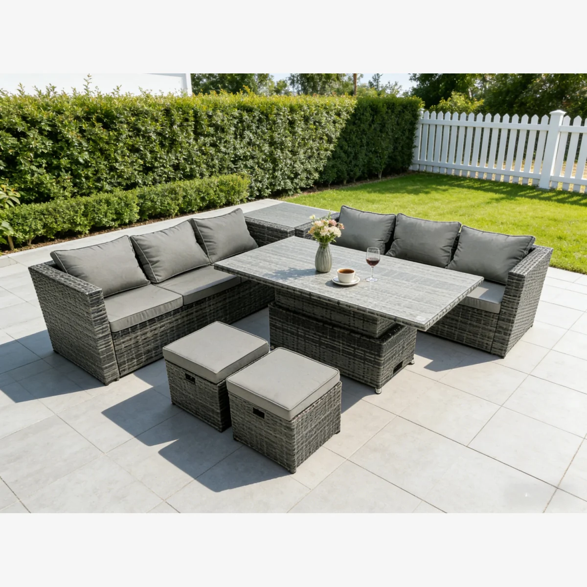 8 Seater Wicker Rattan Rising Table Set + Footstool + Extra Side Table – image 1