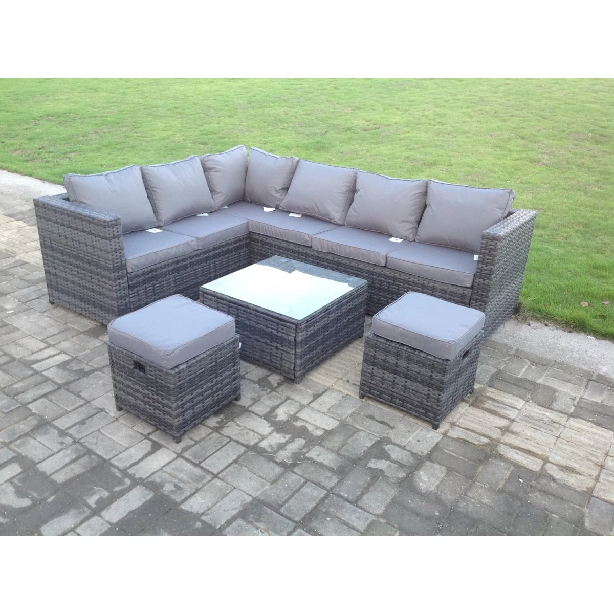 8 Seater Rattan Corner Sofa Set Square Coffee Table Footstools - Dark Grey Mixed – image 2