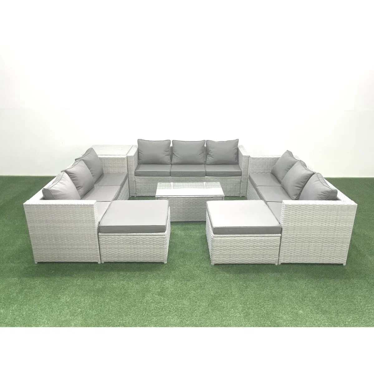 Fimous 11-Seater Rattan Garden Set with Tempered Glass Table & 2 Footstools - Light Grey Mixed – image 5