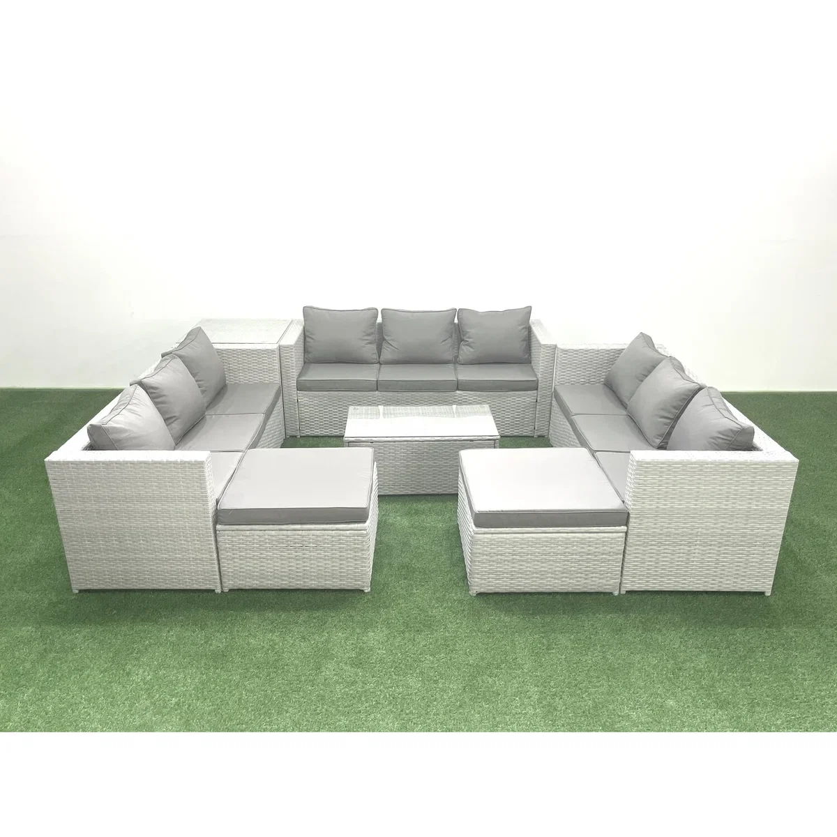 Fimous 11-Seater Rattan Garden Set with Tempered Glass Table & 2 Footstools - Light Grey Mixed – image 1