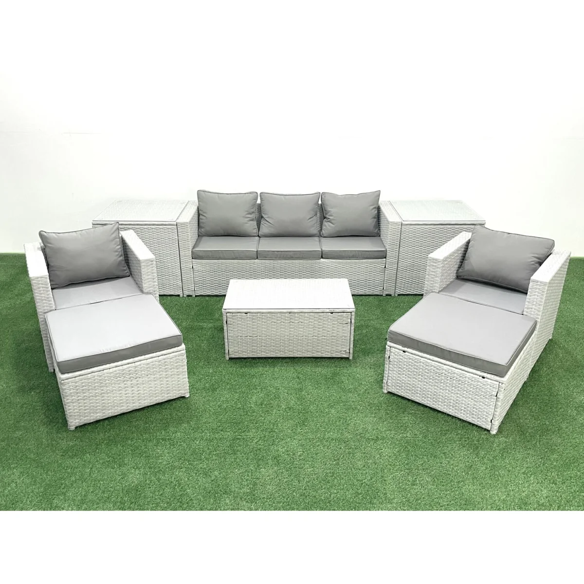 Fimous Rattan Garden 7-Seater Set with 3-Seater Sofa, 2 Armchairs, 2 Footstools and 2 Side Tables. - Light Grey with Dark Grey Fabric – image 5