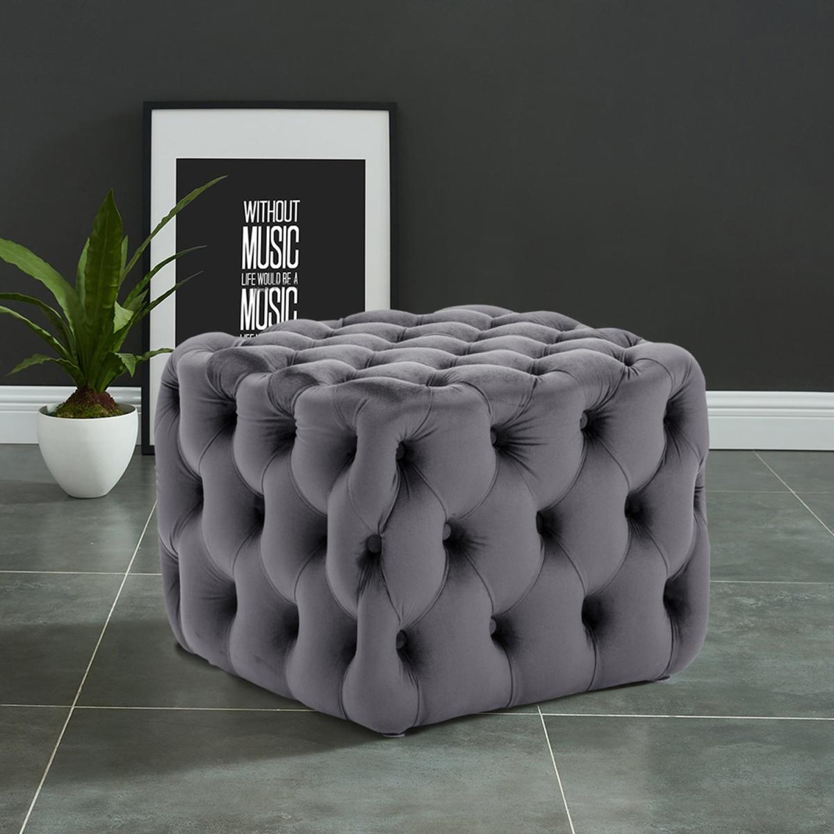 Square Button-Tufted Velvet Footstool - Grey