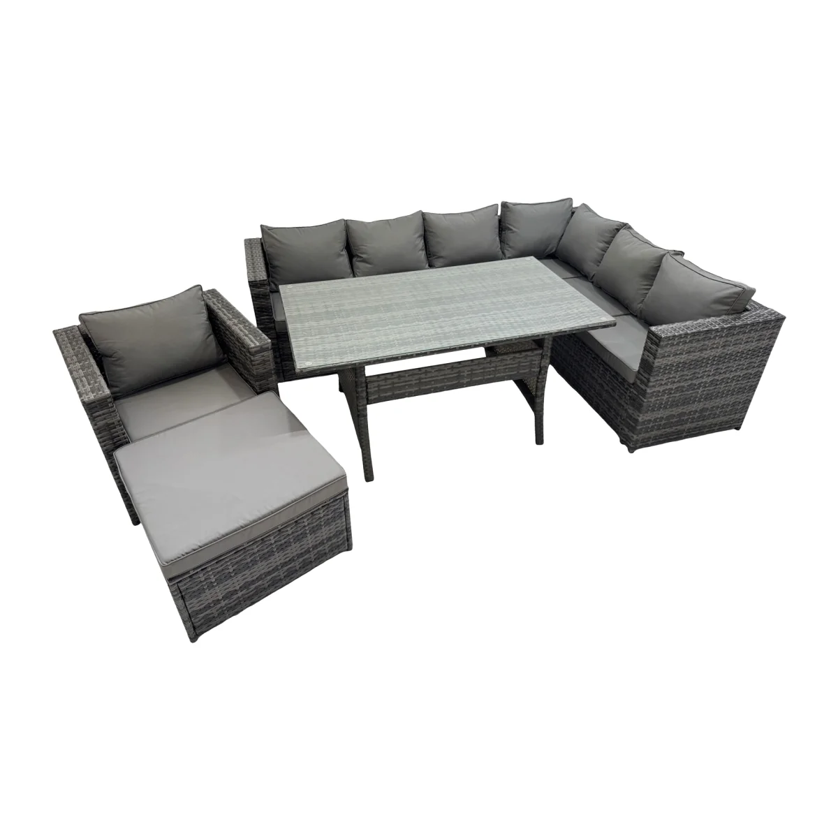 Fimous 8-Seater Rattan Garden Furniture Set with Dining Table, Corner Sofas and Big Footstool. - Dark Grey Mixed – image 1