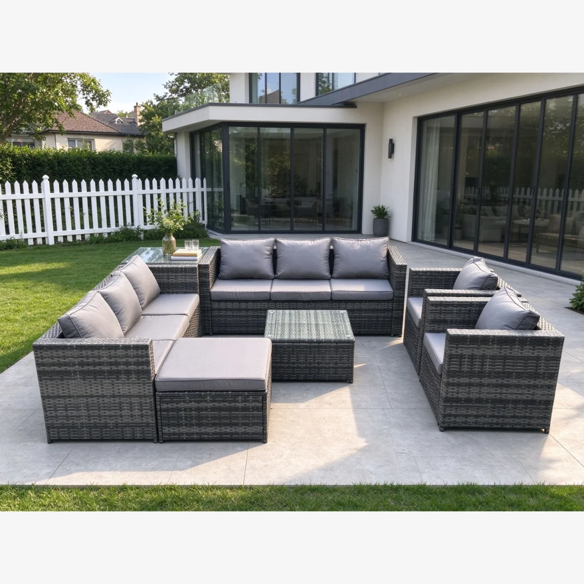 Fimous 9-Seater Rattan Set with 2 Armchairs, Coffee Table & Footstool - Dark Grey