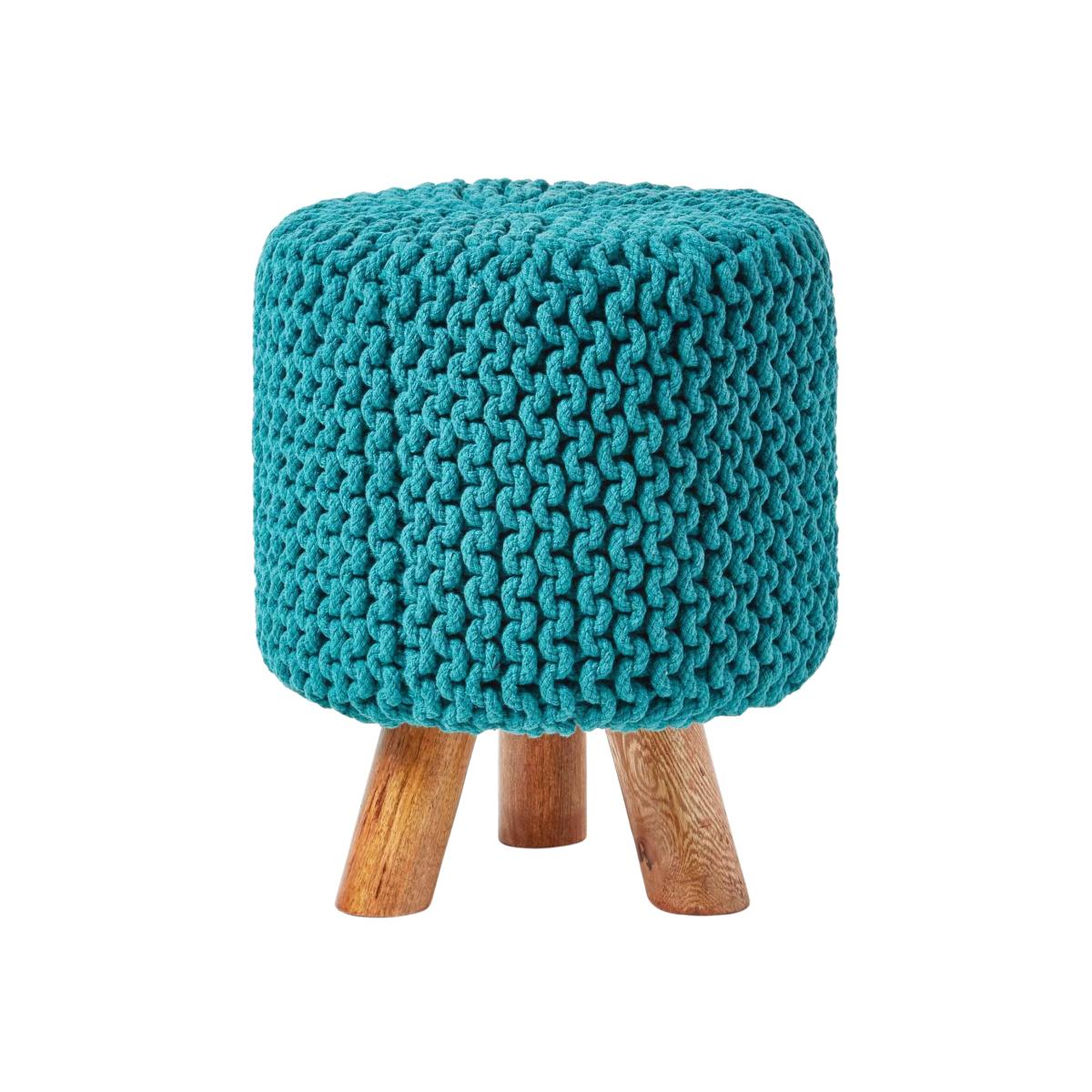 Knitted Cotton Footstool with Wooden Legs - Teal Blue / 32cm