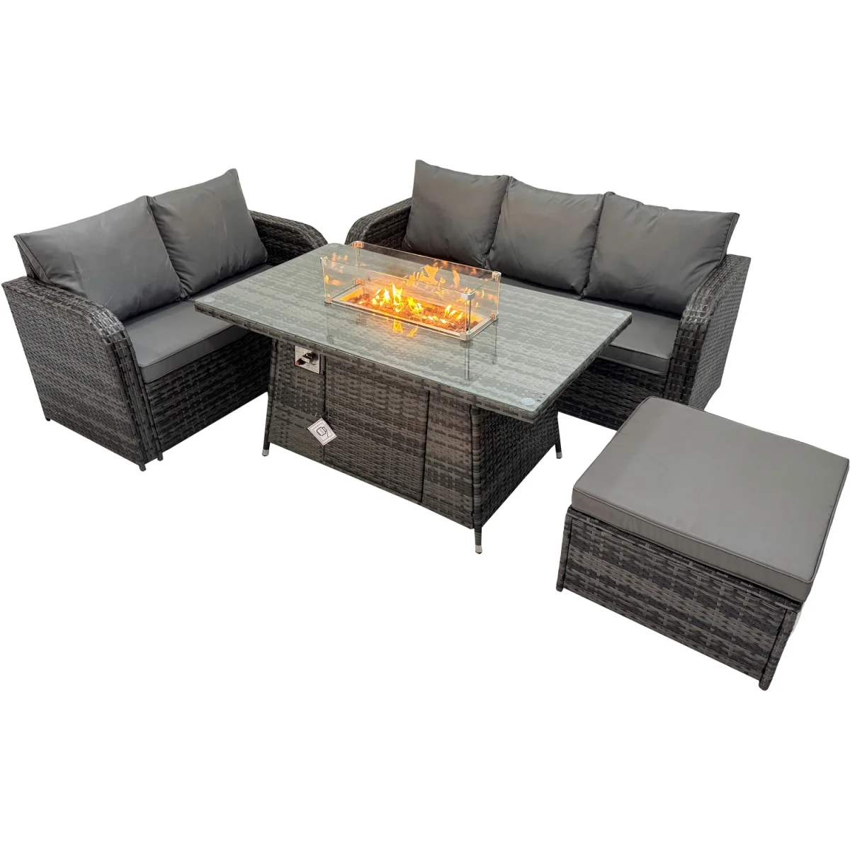 Fimous Garden Rattan Fire Pit Dining Set Love Sofa 3-Seater Big Footstool Dark Grey Mixed - Dark grey mixed rattan with dark grey fabric – image 4