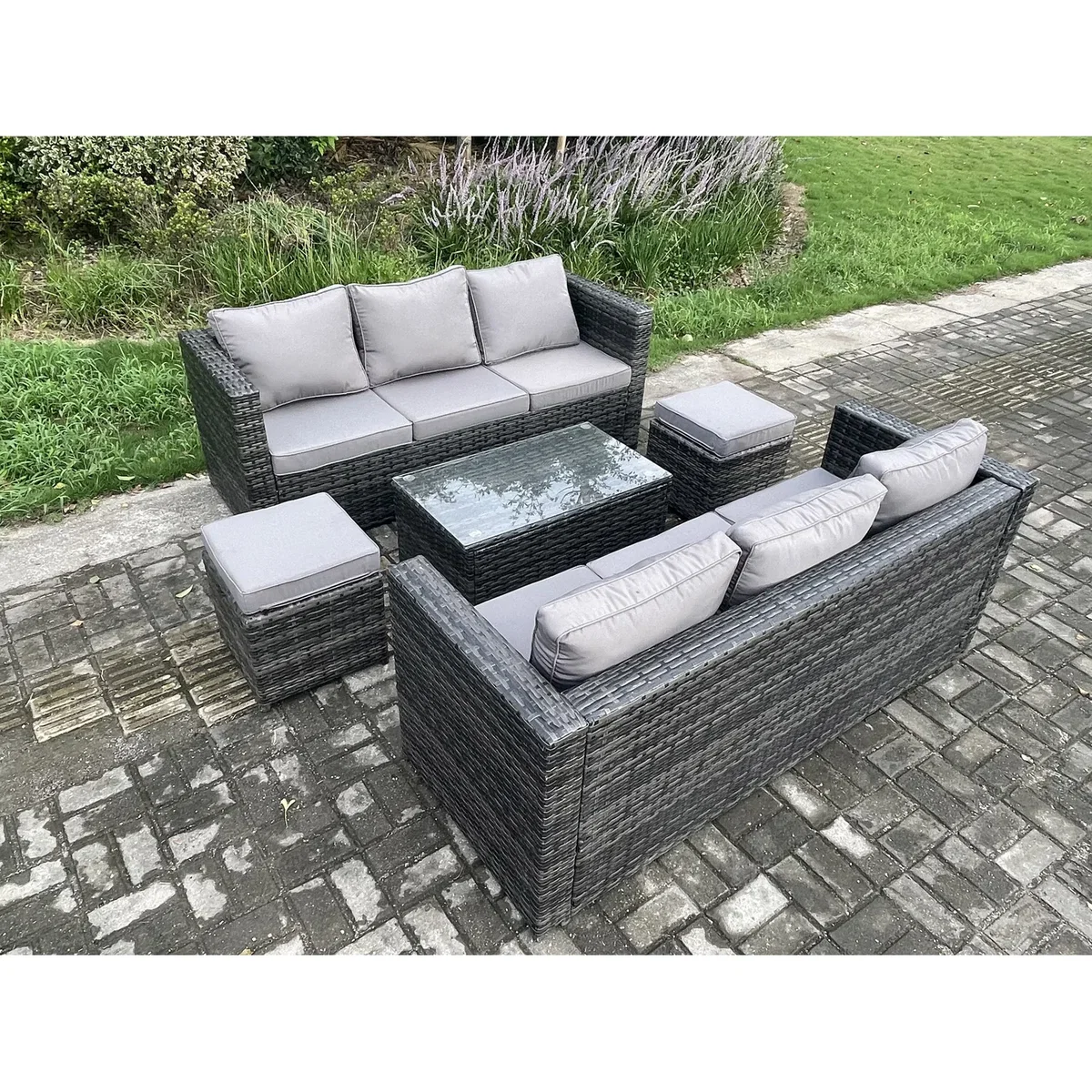 Fimous 8-Seater Rattan Garden Furniture Set with Oblong Table and 2 Footstools Dark Grey Mixed. - Dark Grey Mixed – image 5