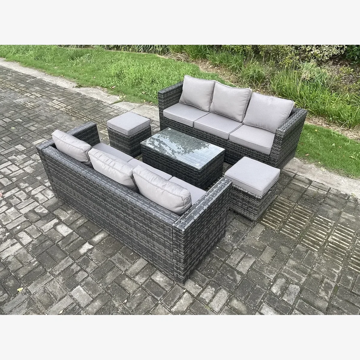 Fimous 8-Seater Rattan Garden Furniture Set with Oblong Table and 2 Footstools Dark Grey Mixed. - Dark Grey Mixed – image 1