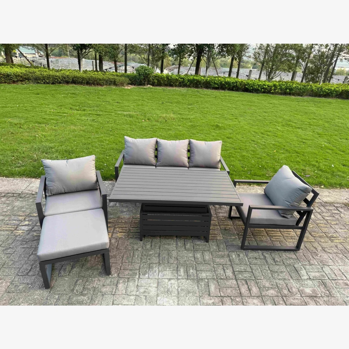 5-Pcs Aluminium Garden Furniture Sets 6 Seater Outdoor Sofa Set Adjustable Table 2 Chairs Footstool