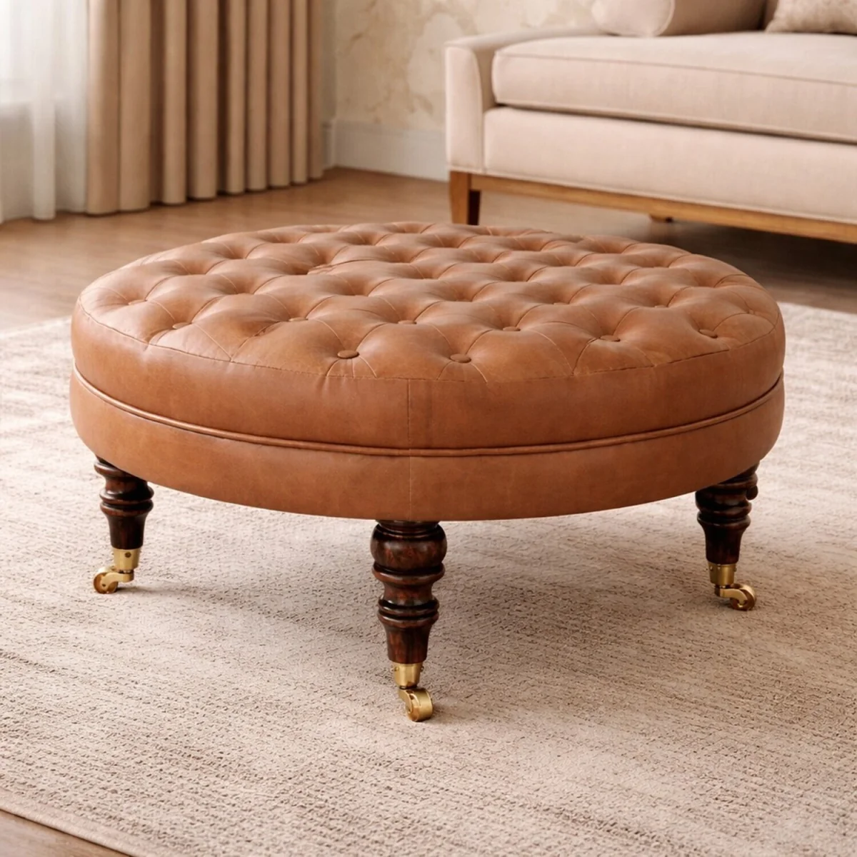 Buffalo Leather Round Ottoman with Castor Legs