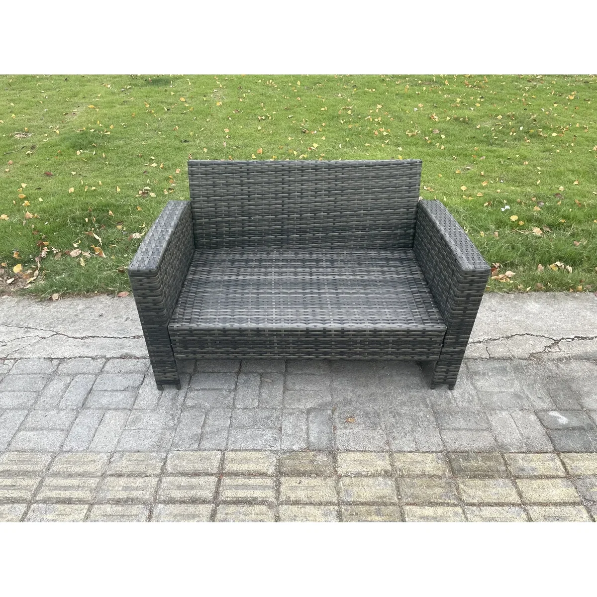 Fimous 7-Seater Rattan Garden Furniture Set with Tempered Glass Tables and 2 Footstools. - Dark grey mixed rattan with dark grey fabric – image 2