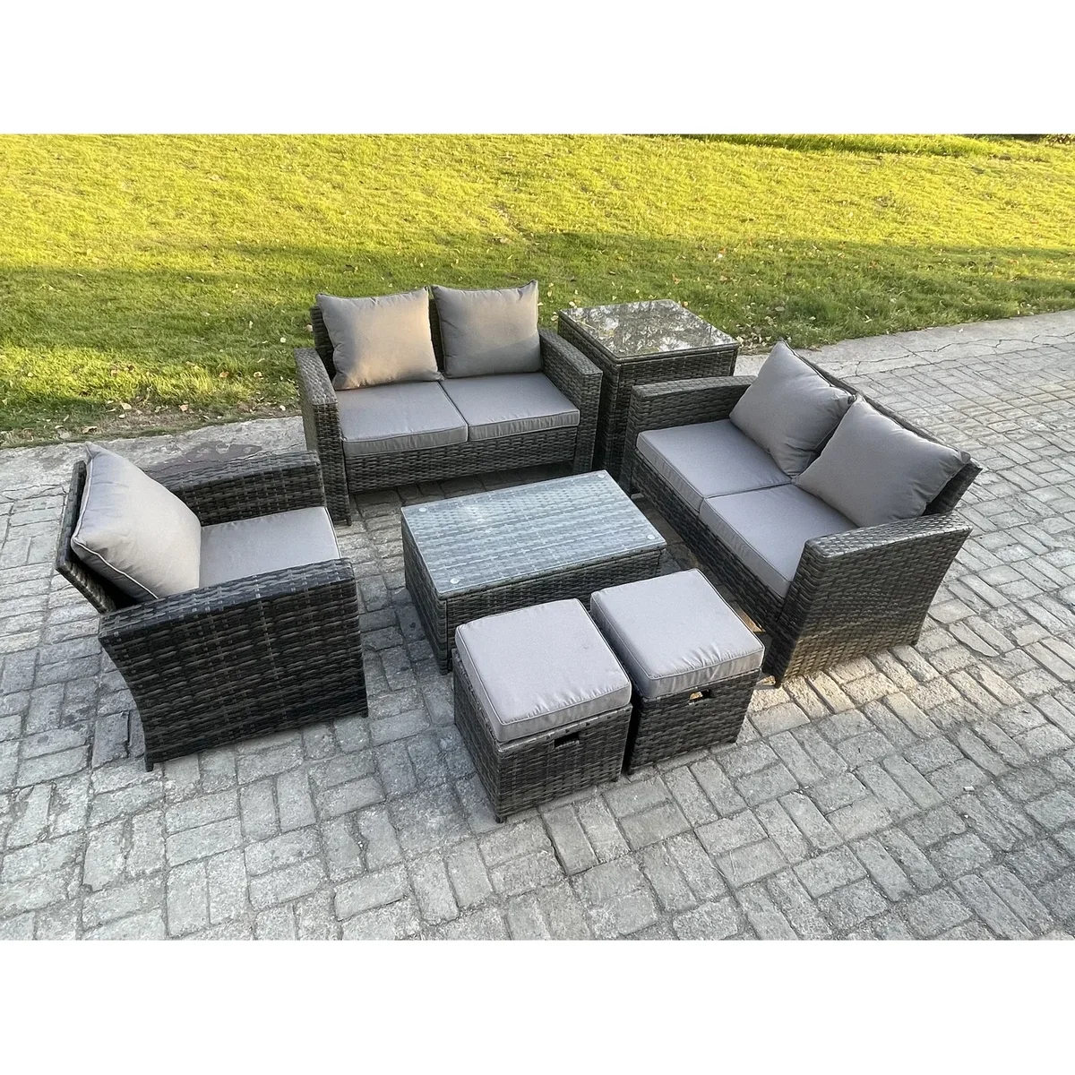 Fimous 7-Seater Rattan Garden Furniture Set with Tempered Glass Tables and 2 Footstools. - Dark grey mixed rattan with dark grey fabric – image 5