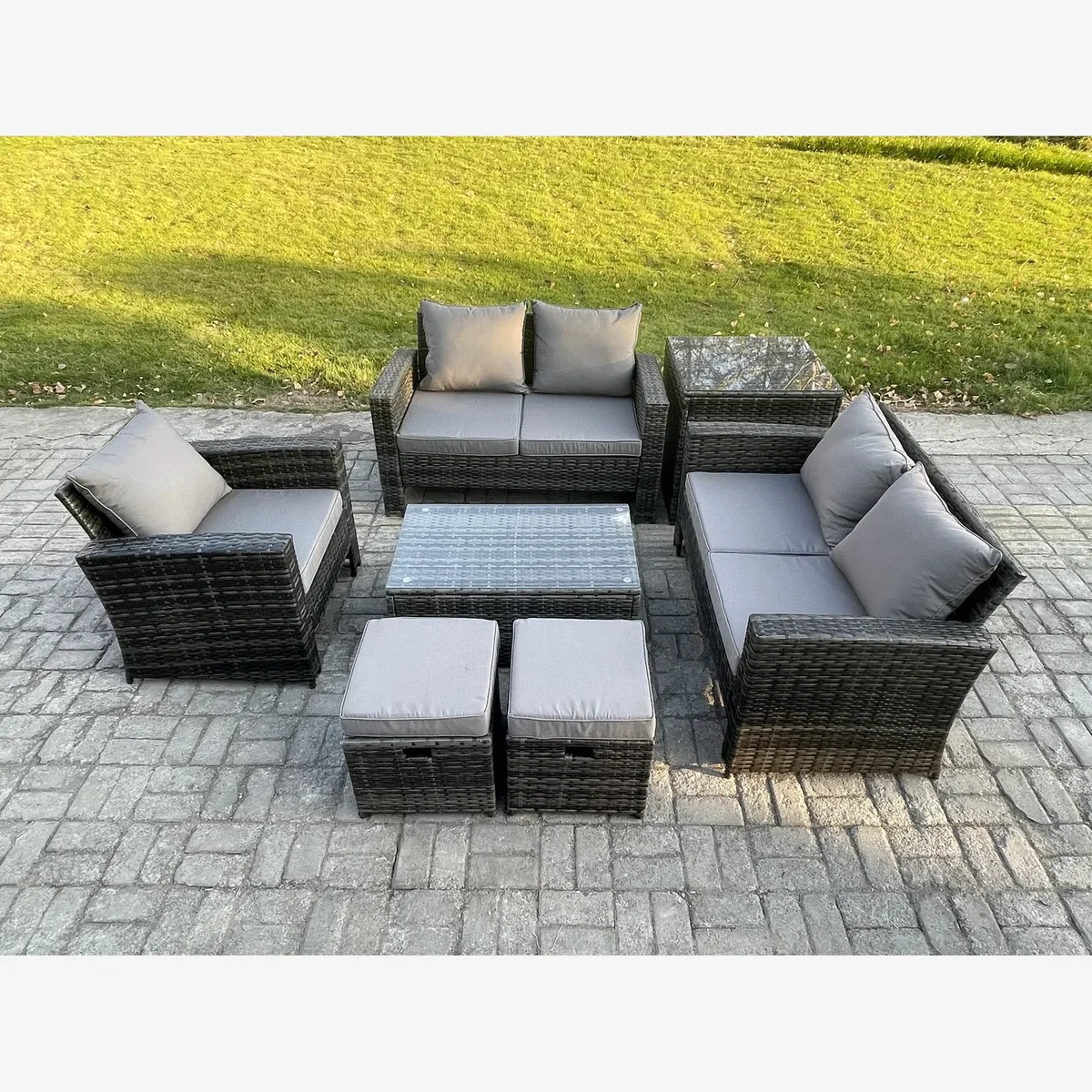Fimous 7-Seater Rattan Garden Furniture Set with Tempered Glass Tables and 2 Footstools. - Dark grey mixed rattan with dark grey fabric – image 1