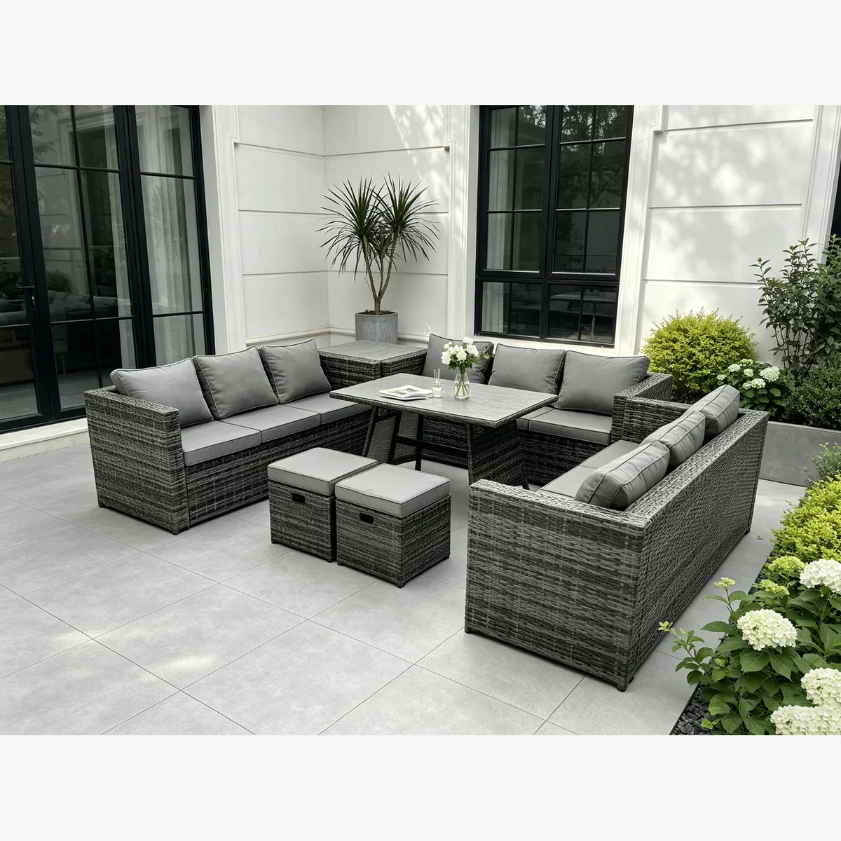Fimous Rattan Garden Dining Table 11 Seat Side Table 2 Footstools - Dark Grey