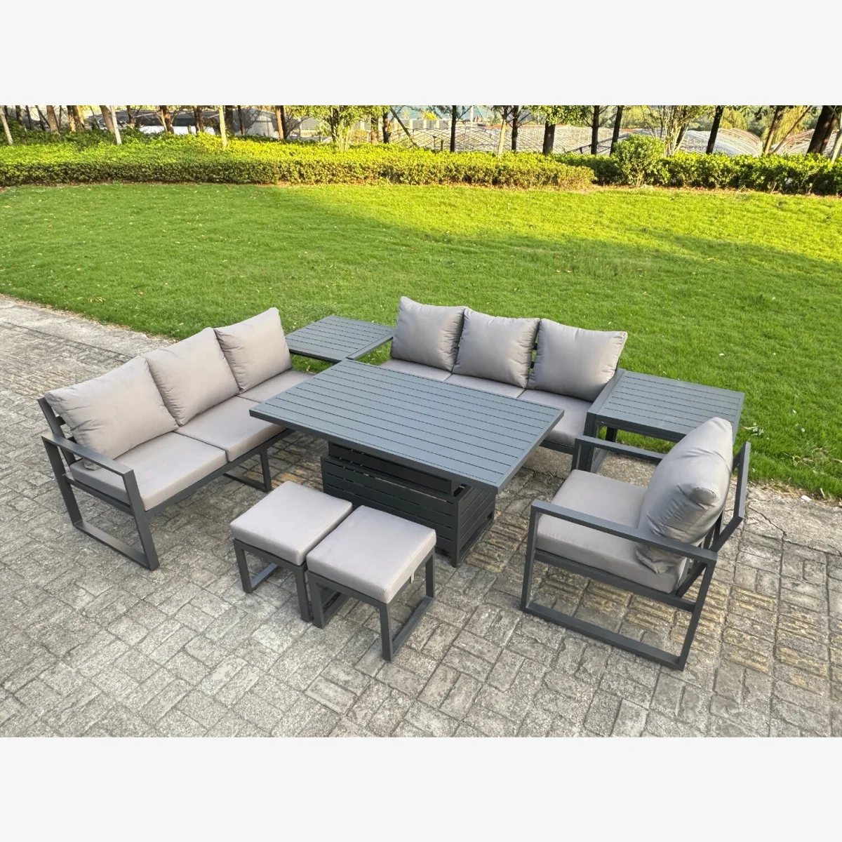 Aluminium Garden Furniture Sets,9 Seater Outdoor Sofa Set Rising Table 2 Side Tables 2 Footstools