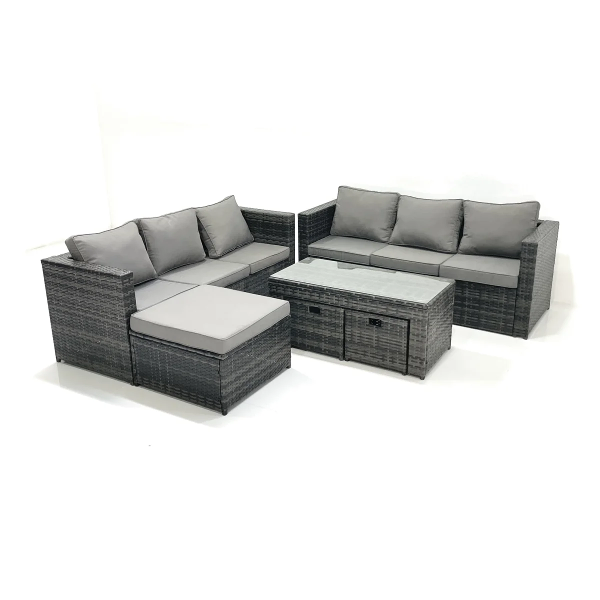 Fimous Garden Outdoor Rattan Furniture Set with Sofa, Coffee Table and 3 Footstools Dark Grey Mixed - Dark Grey Mixed – image 1
