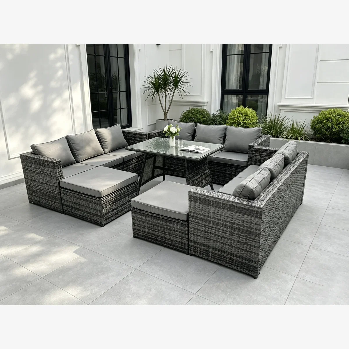 Fimous Rattan Garden Dining Table 11 Seat 2 Footstools - Dark Grey