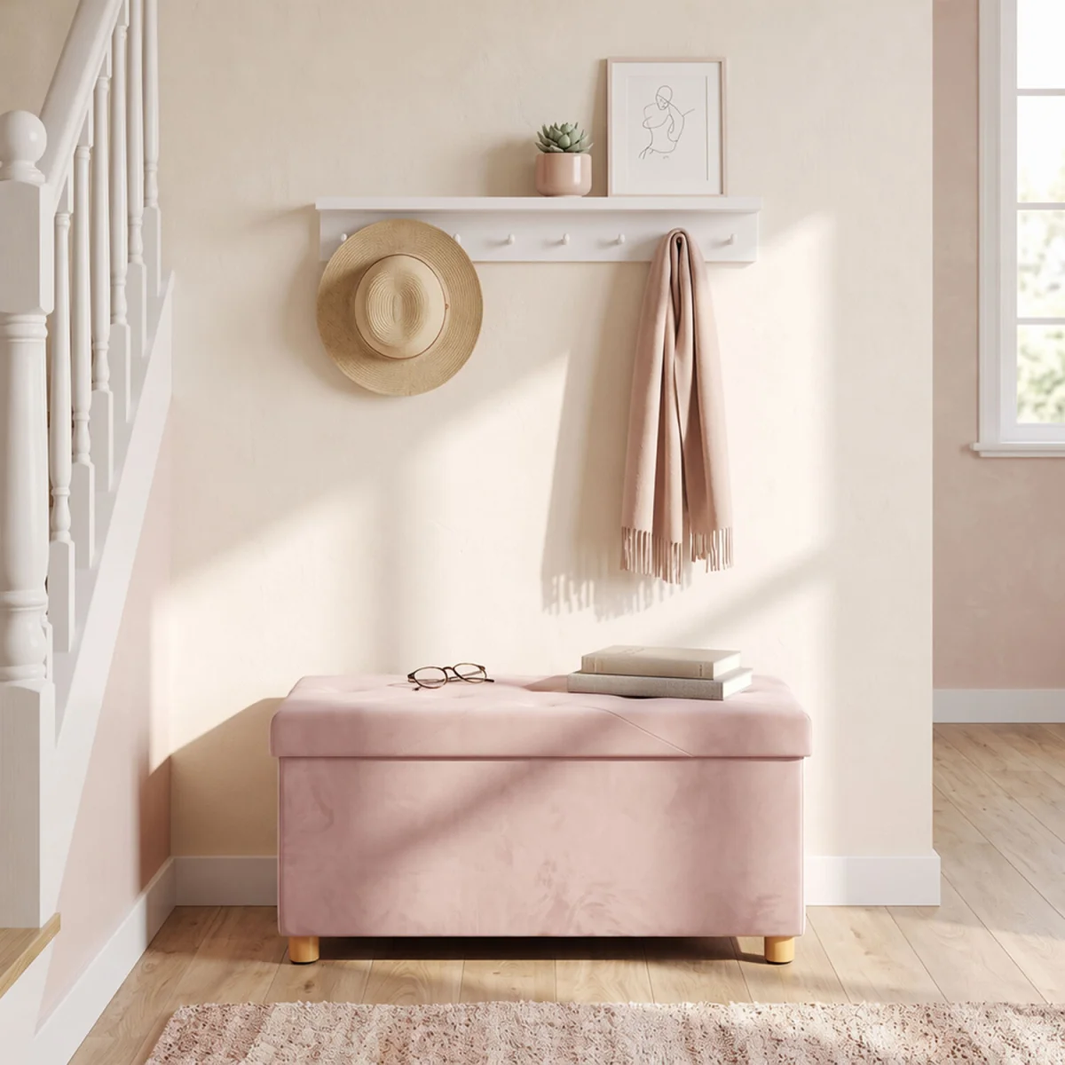 HOMCOM Velvet Upholstered Foldable Ottoman Footrest with Wood Legs - Pink – image 2