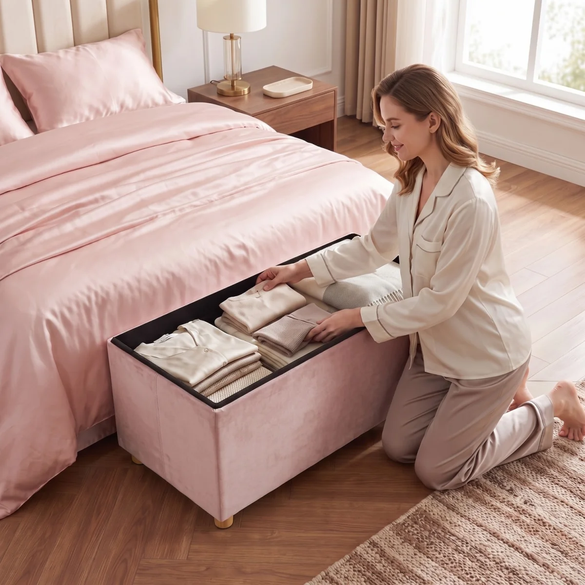 HOMCOM Velvet Upholstered Foldable Ottoman Footrest with Wood Legs - Pink – image 3
