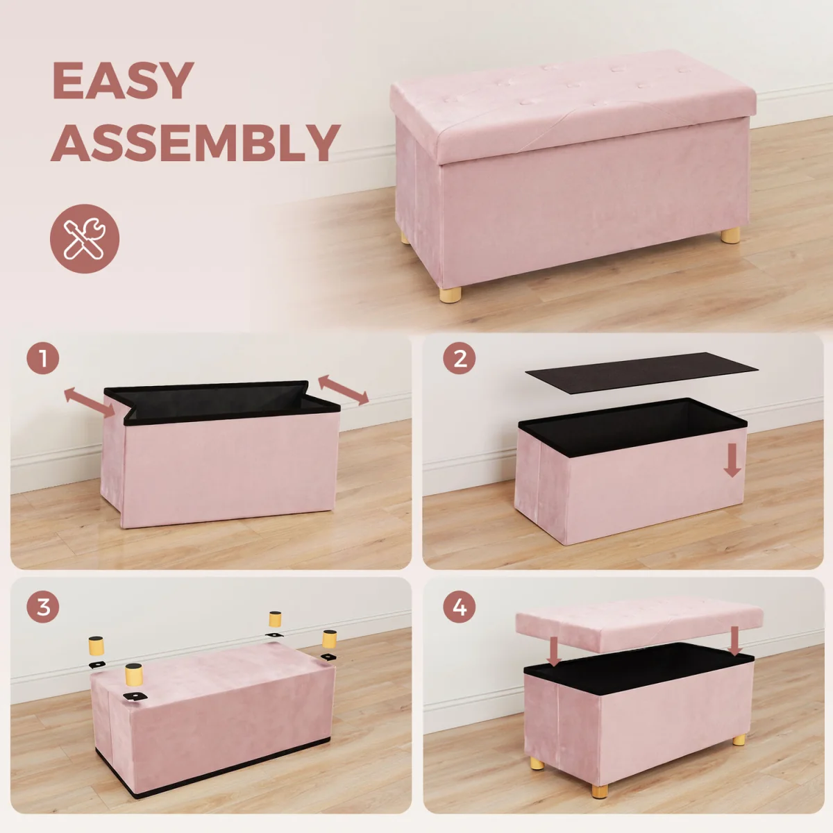 HOMCOM Velvet Upholstered Foldable Ottoman Footrest with Wood Legs - Pink – image 5