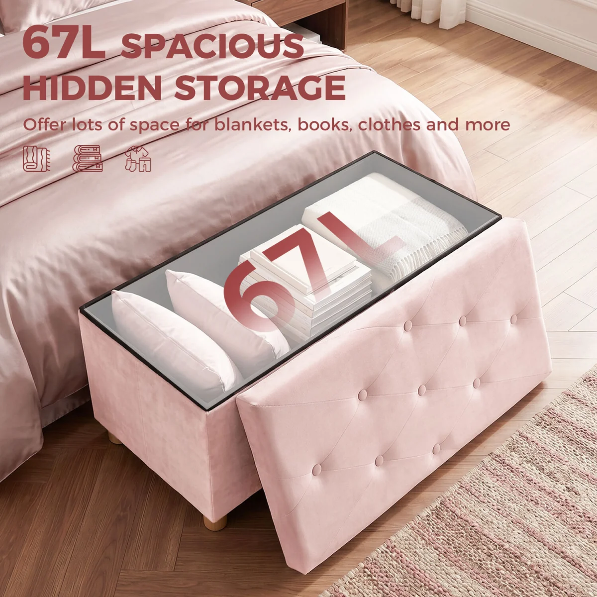 HOMCOM Velvet Upholstered Foldable Ottoman Footrest with Wood Legs - Pink – image 7