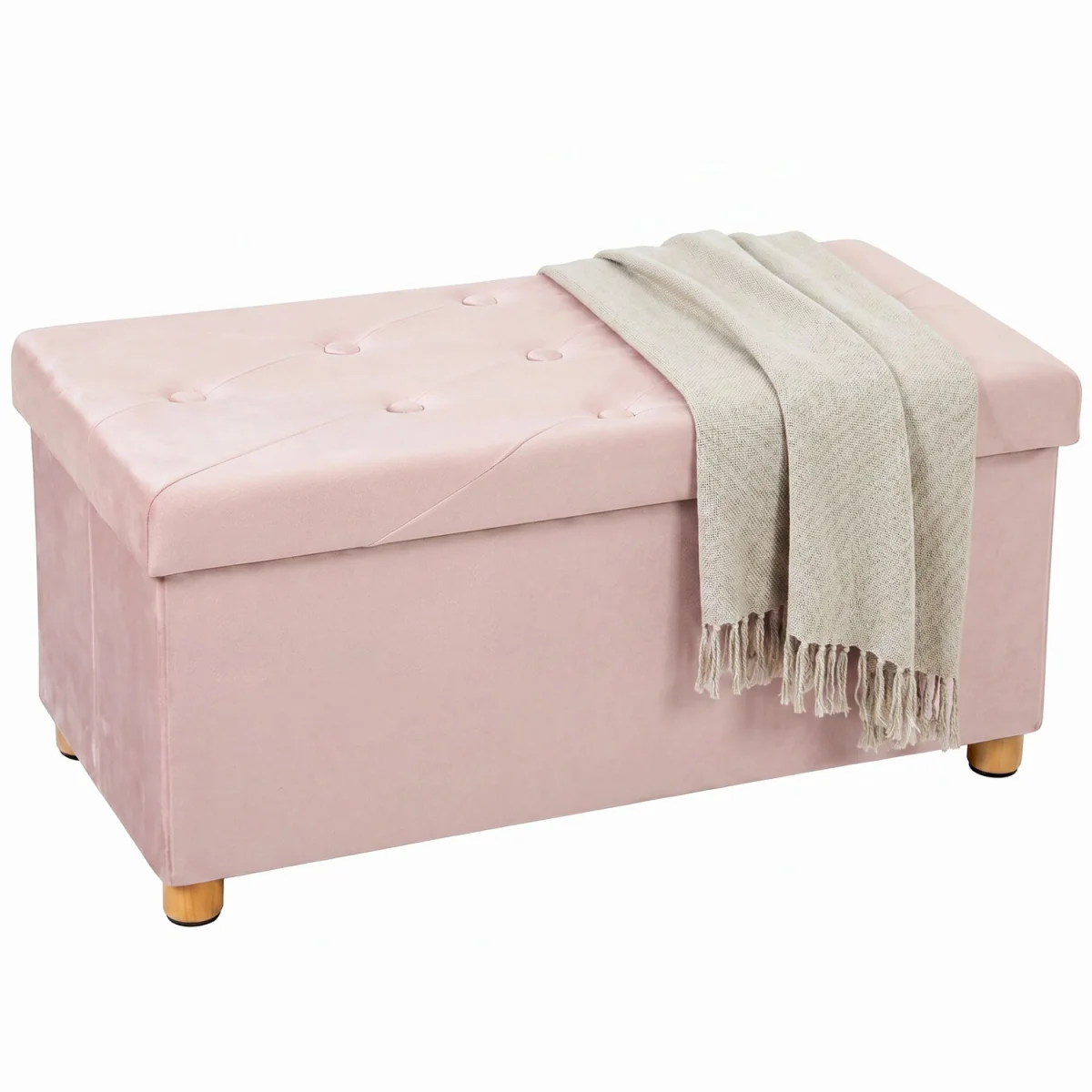 HOMCOM Velvet Upholstered Foldable Ottoman Footrest with Wood Legs - Pink – image 9