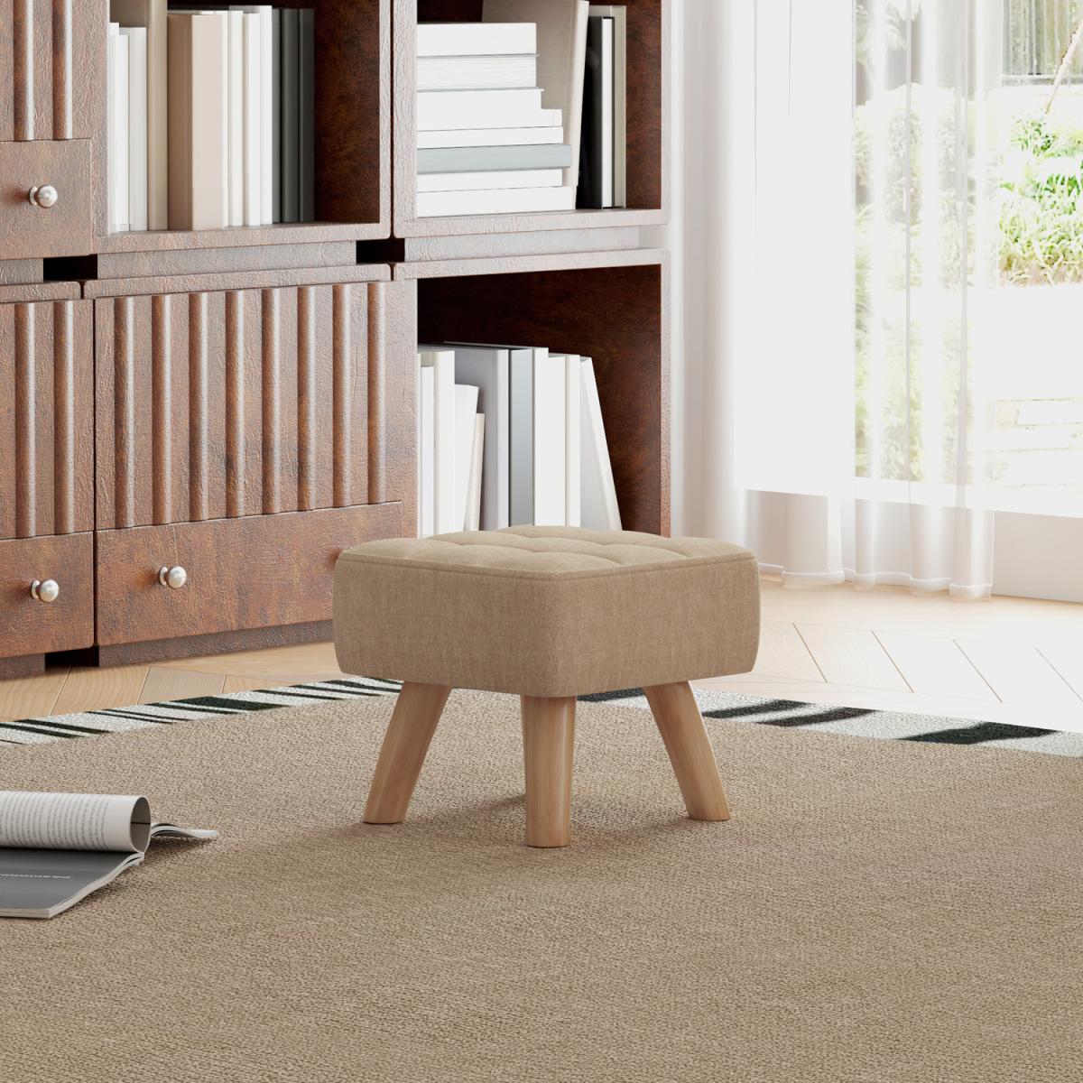 HOMCOM Tufted Fabric Foot Stool with Rubber Wood Legs - Brown