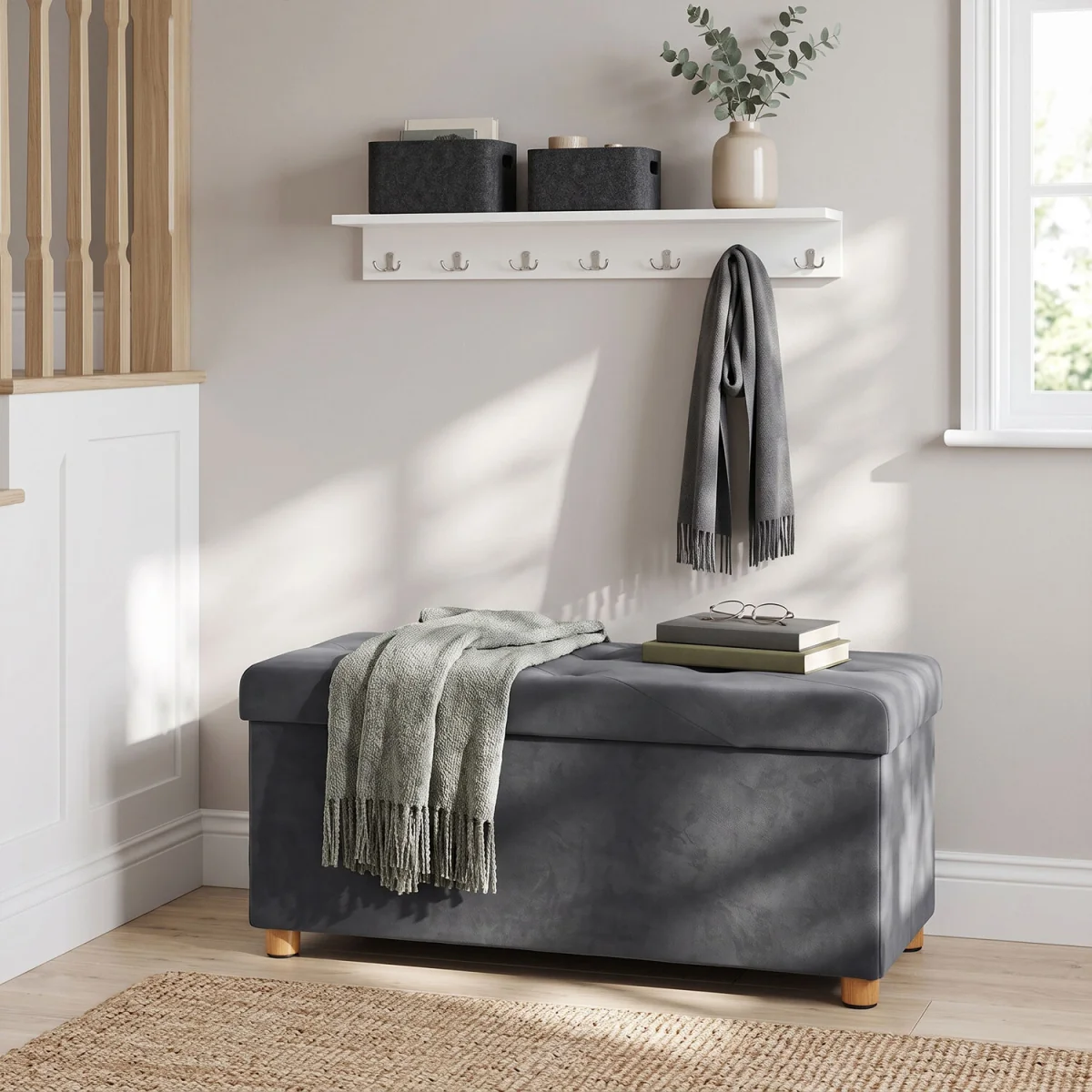 HOMCOM Velvet Upholstered Foldable Ottoman Footrest with Wood Legs - Grey – image 2
