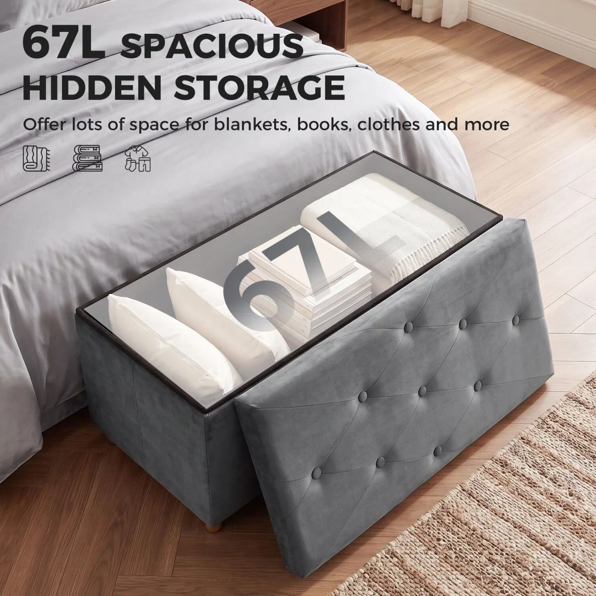 HOMCOM Velvet Upholstered Foldable Ottoman Footrest with Wood Legs - Grey – image 7