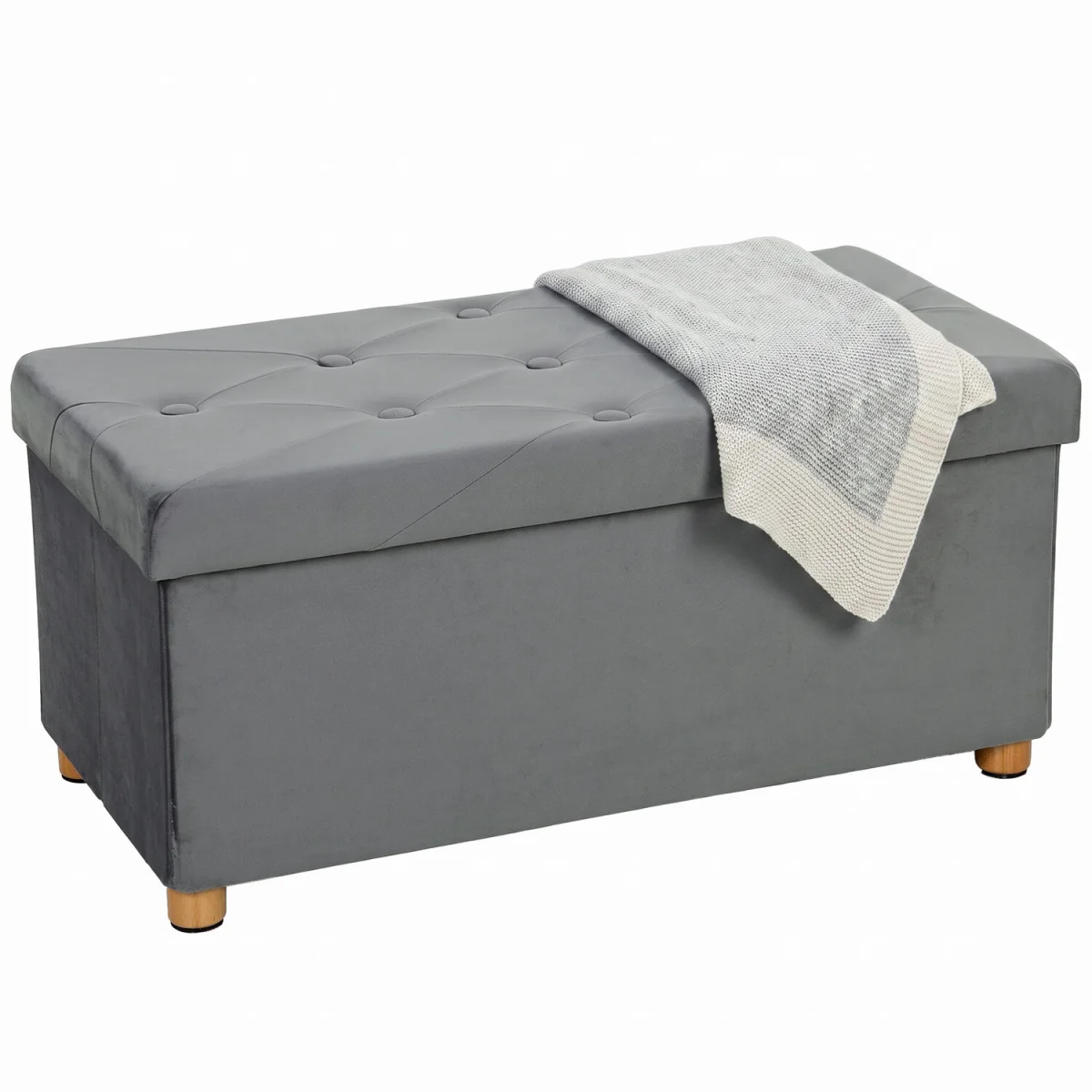 HOMCOM Velvet Upholstered Foldable Ottoman Footrest with Wood Legs - Grey – image 8
