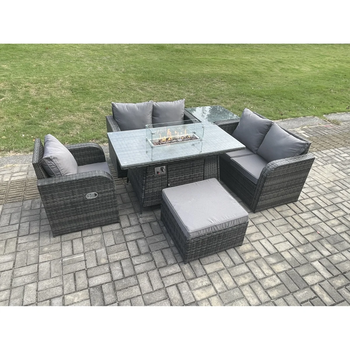 Fimous 6-Seater Patio Rattan Set with Gas Fire Pit Table, Reclining Chairs & Footstool Dark Grey. - Dark Grey – image 2
