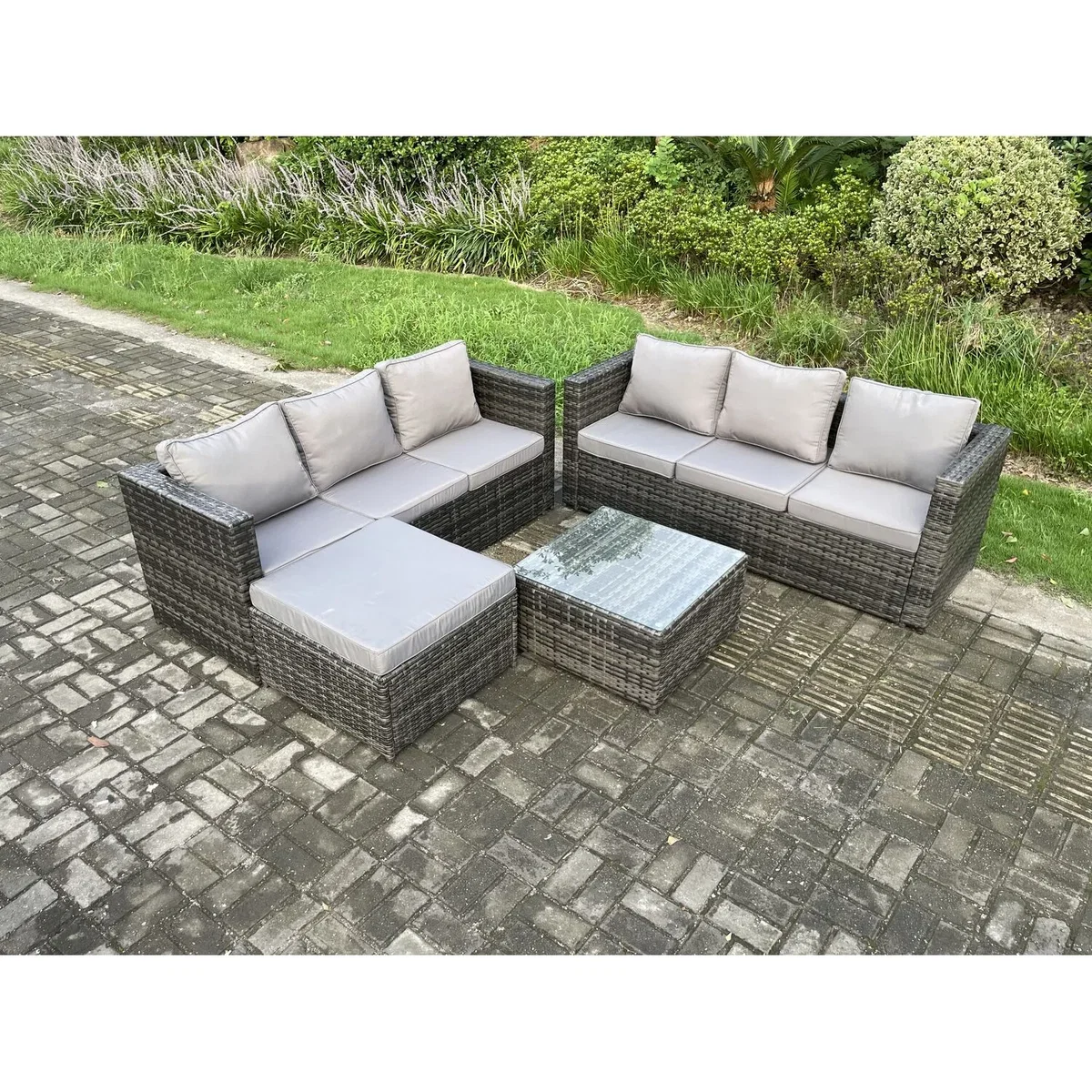 Fimous 7-Seater Rattan Lounge Set with Coffee Table & Footstool - Dark Grey – image 3