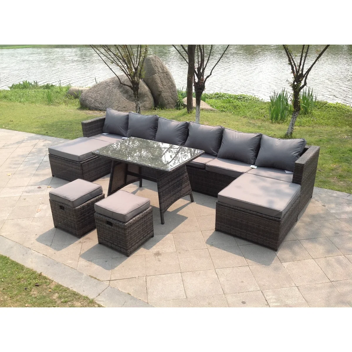 Lounge Rattan Garden Furniture Sets Dining Table Big Footstools - Dark Grey Mixed – image 2