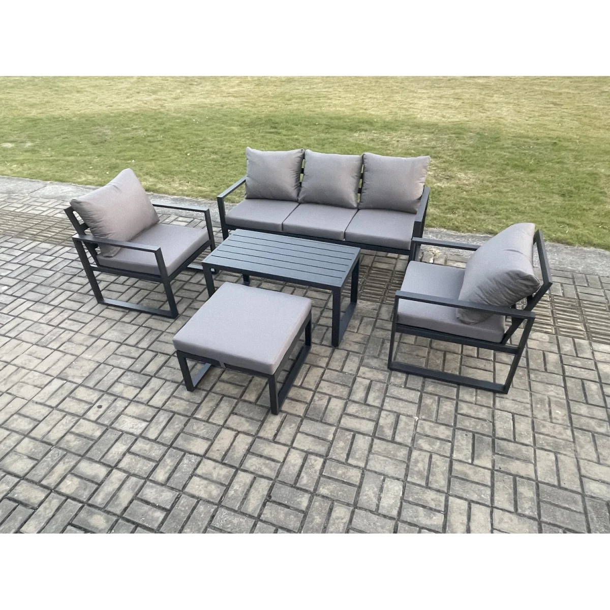 Fimous 6-Seater Aluminium Patio Outdoor Furniture Set with Coffee Table and Footstool Dark Grey - Dark grey powder coated with dark grey fabric – image 2