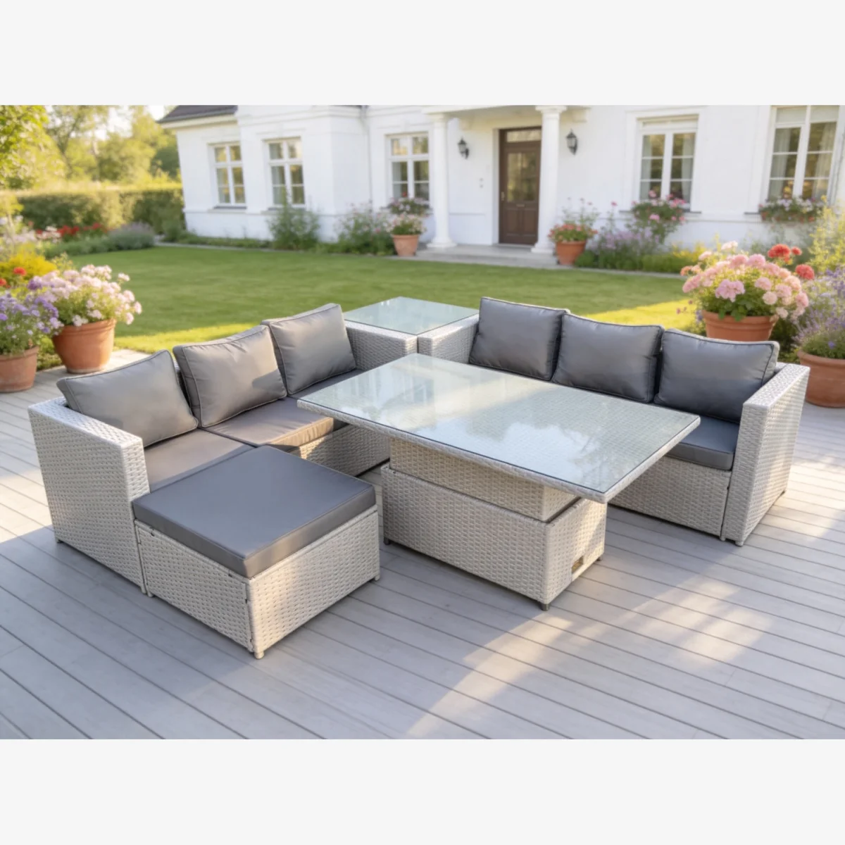 Rattan Garden Funiture Set Side Coffee Tea Table Footstool - Light Grey Mixed – image 1