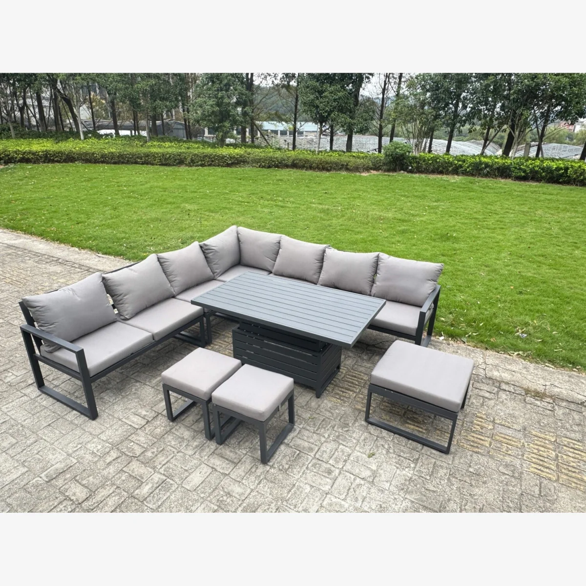 ALuminum 10-Seater L-Shaped Set with Lifting Table & 3 Footstools - Dark grey