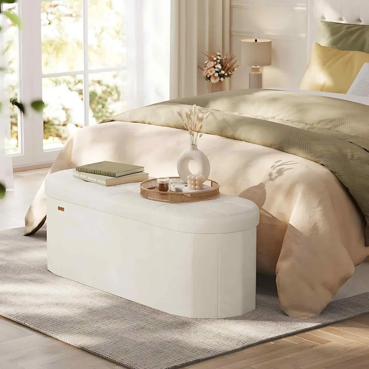 Foldable Velvet Storage Chest - Ottoman Bench with Hidden Storage, Cream White - Cream White – image 2